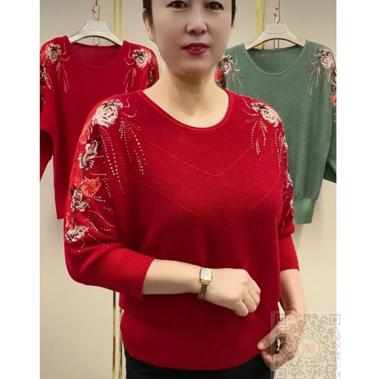 女士高档小衫针织衫大码妈妈T恤蝙蝠衫中老年人百搭冰丝上衣女