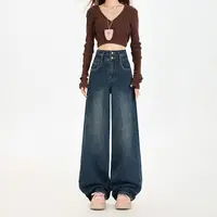 深蓝高腰阔腿牛仔裤女2025年秋季新款宽松显瘦垂坠感直筒拖地裤子