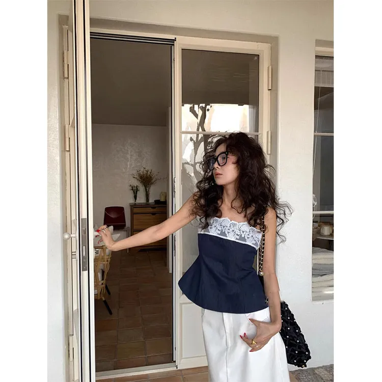 春季新款韩版时尚设计感蕾丝边吊带背心上衣高腰百搭A字半身裙女