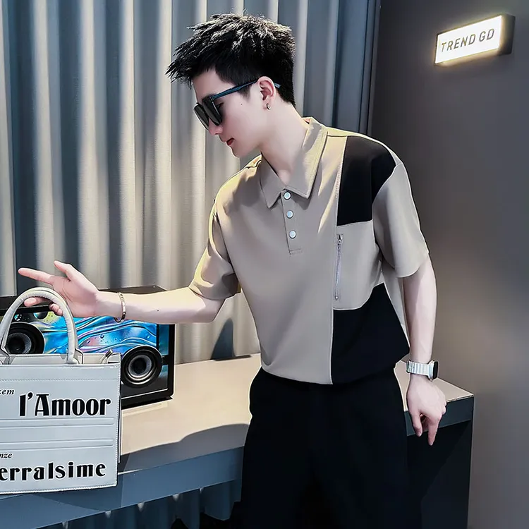 夏季男士翻领潮牌潮流拼接短袖polo衫新款男装半袖T恤男款上衣服