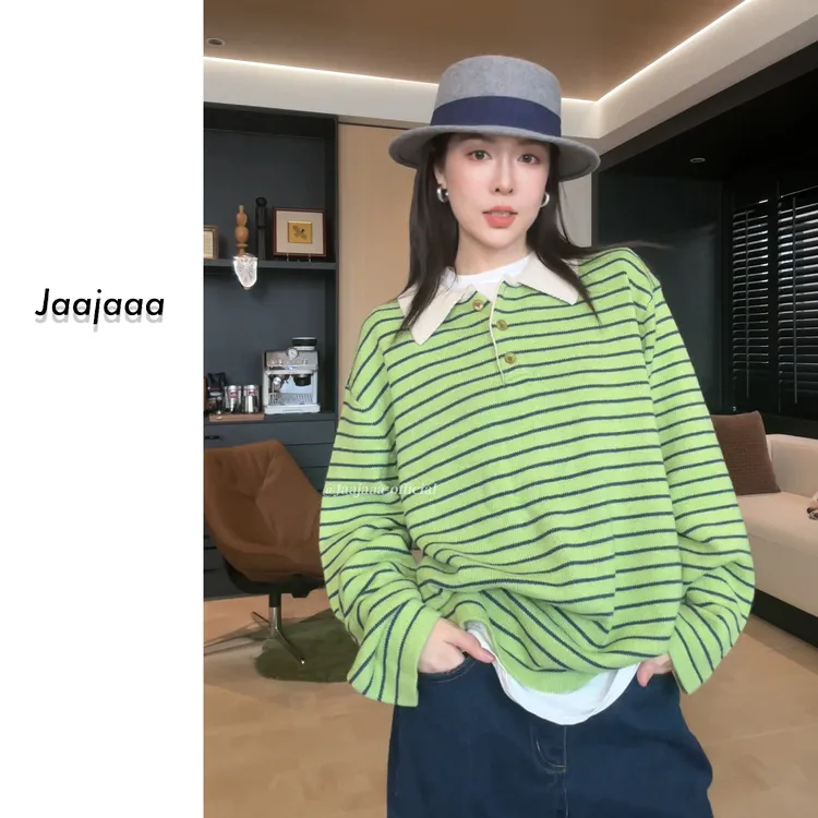 Jaajaaa向阳而生 秋冬设计拼接撞色条纹polo小众针织百搭上衣/XIH