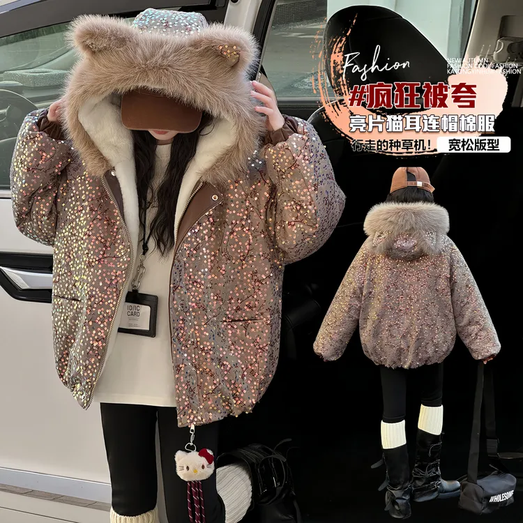 （送猫咪亲子装）女童加厚过冬外套2025秋冬季加绒加厚夹克上衣潮
