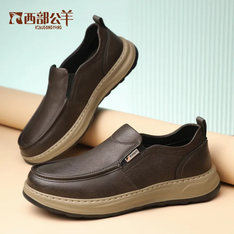 西部公羊牛皮男鞋真皮新款缝线皮鞋软底一脚蹬软底百搭加绒休闲鞋