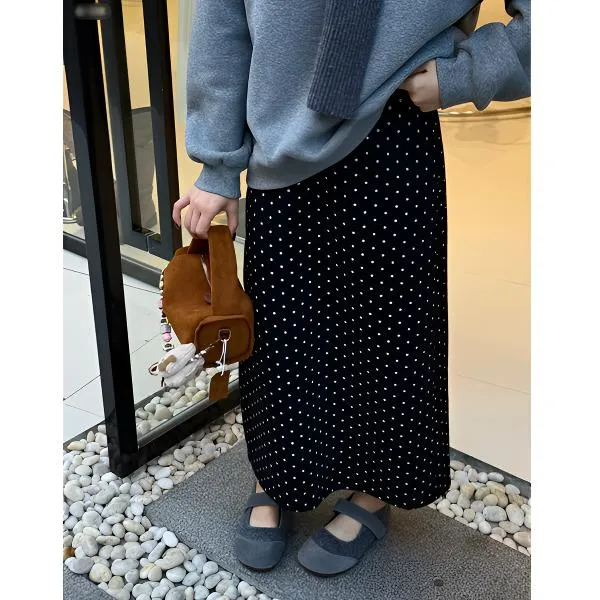 黑色波点毛呢裙中长款大码女装秋冬新款胖mm显瘦松紧腰a字半身裙