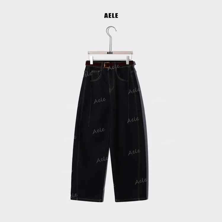 AELE【红丝绒腰带】明线休闲弯刀显瘦加薄绒牛仔裤 K853 3036 AD