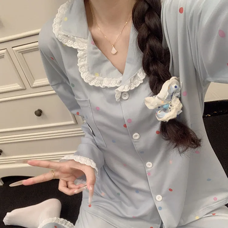2025新款甜美风波点睡衣女款春秋冬季长袖蕾丝花边女士家居服套装
