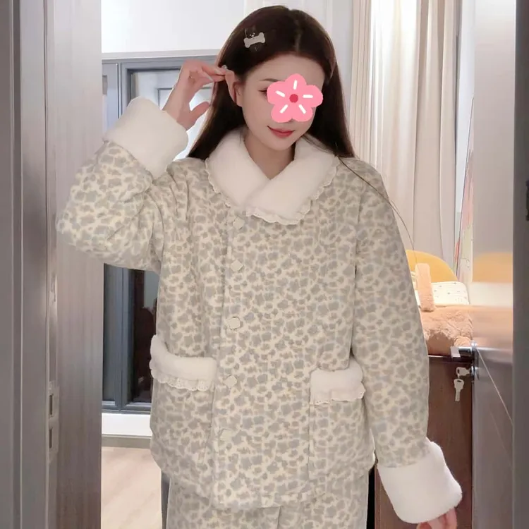 （奶油花花）冬季小清新加厚休闲保暖毛绒绒过冬睡衣女家居服可外穿