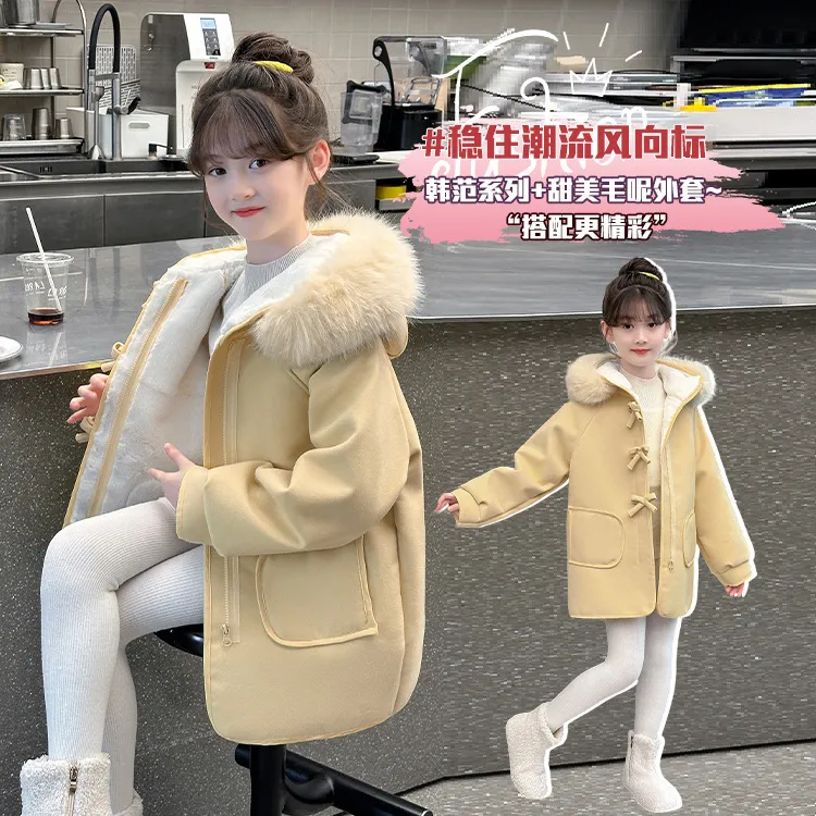 儿童2025新款呢子大衣加绒保暖女童棉服中大童甜美加厚洋气棉袄