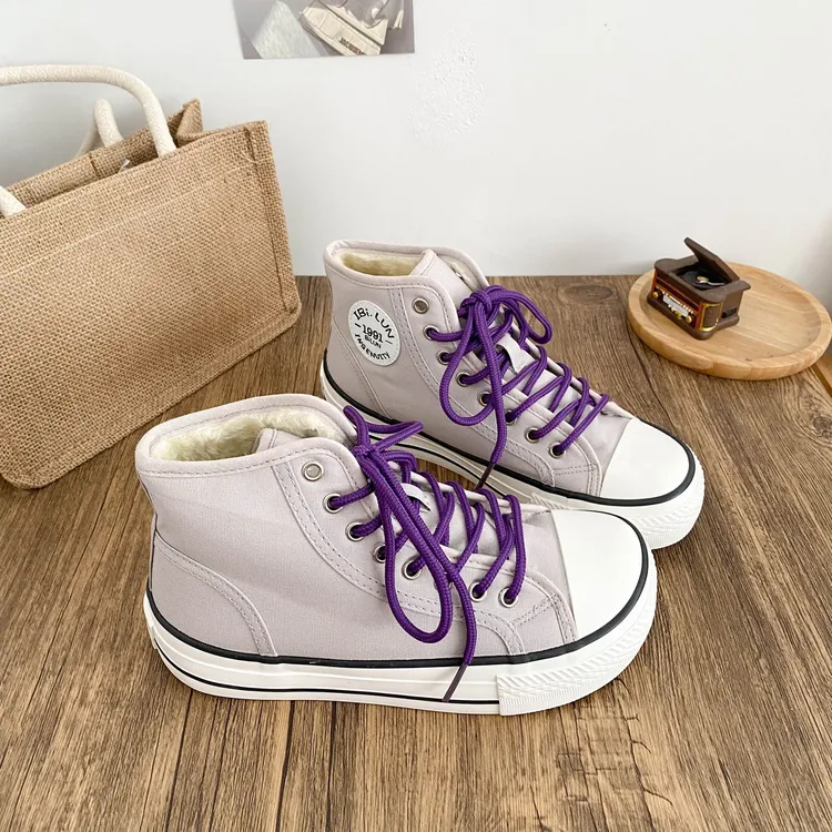 芒果头加绒高帮帆布鞋女2025秋冬季新款增高保暖透气复古百搭板鞋