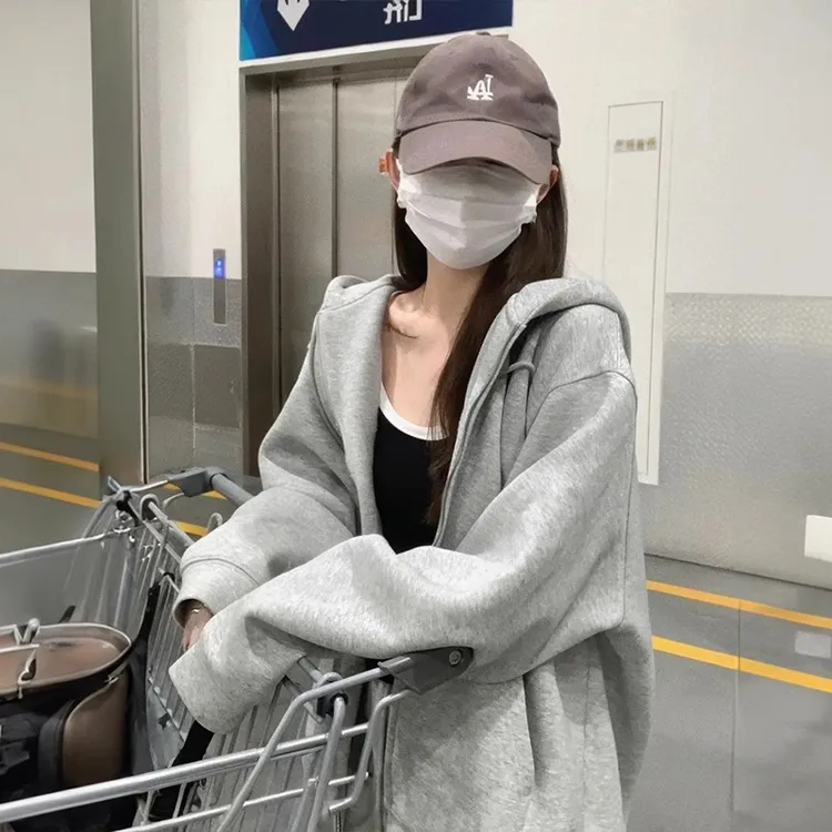 2025早秋新款外套连帽卫衣女春秋季灰色休闲慵懒百搭开衫拉链上衣
