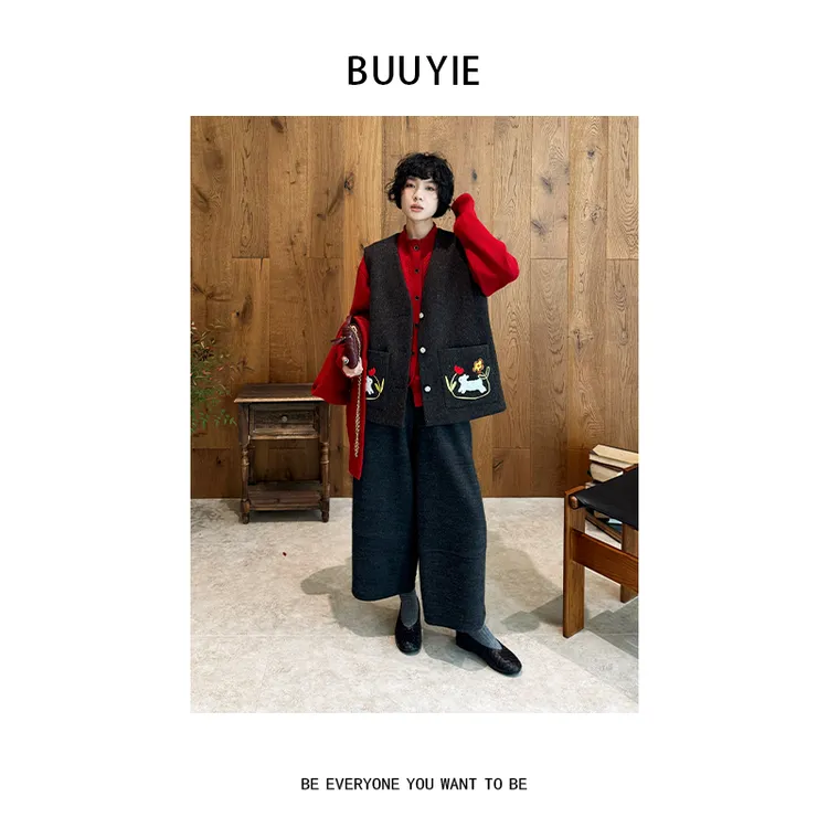BUUYIE【稚绣】极简羊毛高级感刺绣老钱时尚百搭休闲马夹外套251380