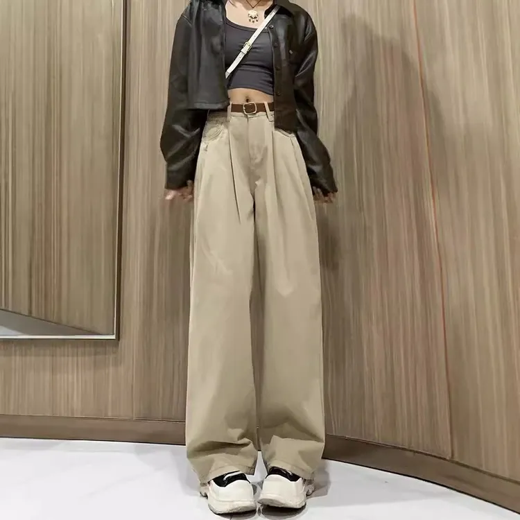 卡其色高腰阔腿牛仔裤直筒女秋季宽松显瘦垂感褶皱休闲拖地裤子