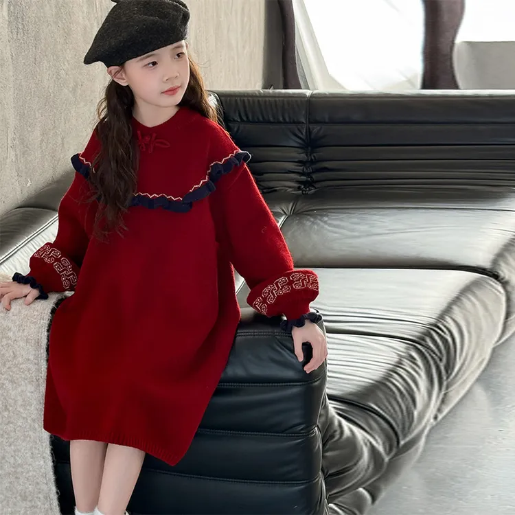 女童连衣裙2025春秋新款毛衣裙女孩红色公主裙中大童新年装打底裙