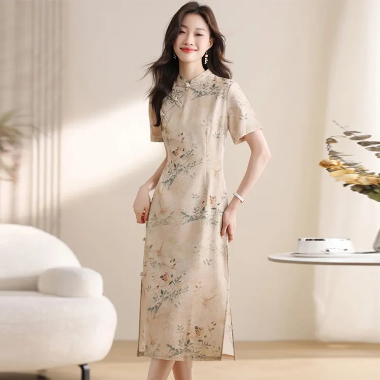 南柯新中式收腰雪纺连衣裙女夏短袖印花改良旗袍裙