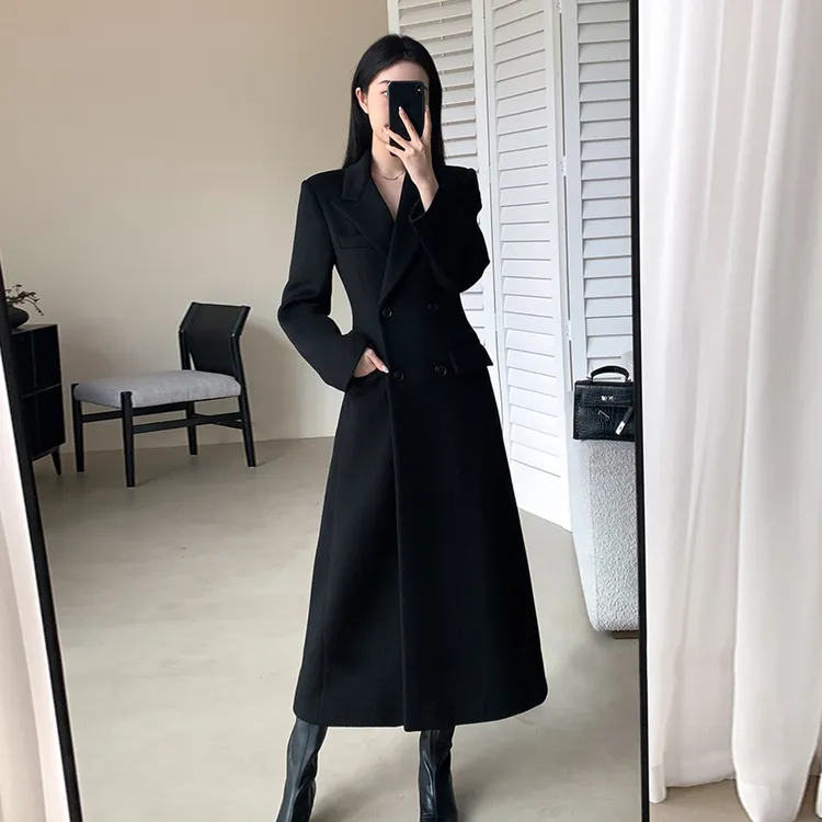 黑色单面呢女2025秋冬新款收腰气质赫本风毛呢外套