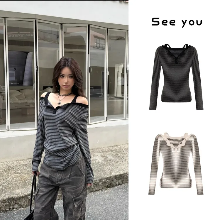 美式基础款休闲吊带露肩横条纹修身长袖T恤显瘦女ins上衣B1638