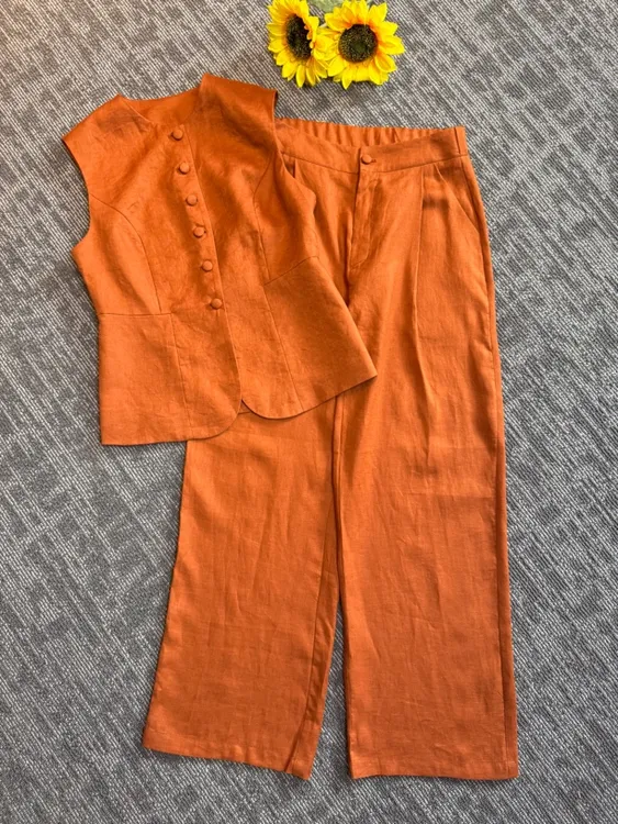 套装马甲➕阔腿裤简约通勤极简风复古风时尚亚麻套装高腰气质百搭