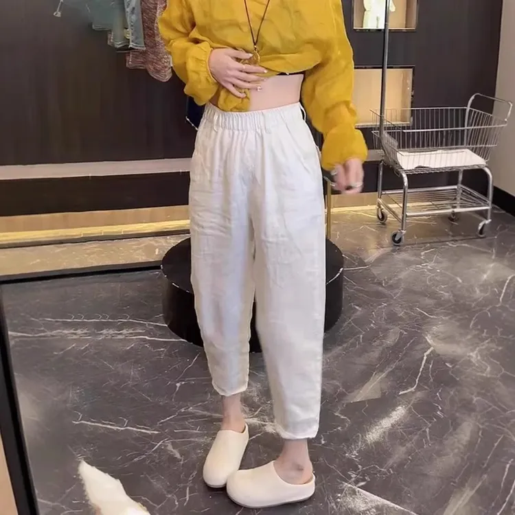 2025夏季新款高腰显瘦亚麻休闲老爹裤大码时尚百搭八分直筒哈伦裤