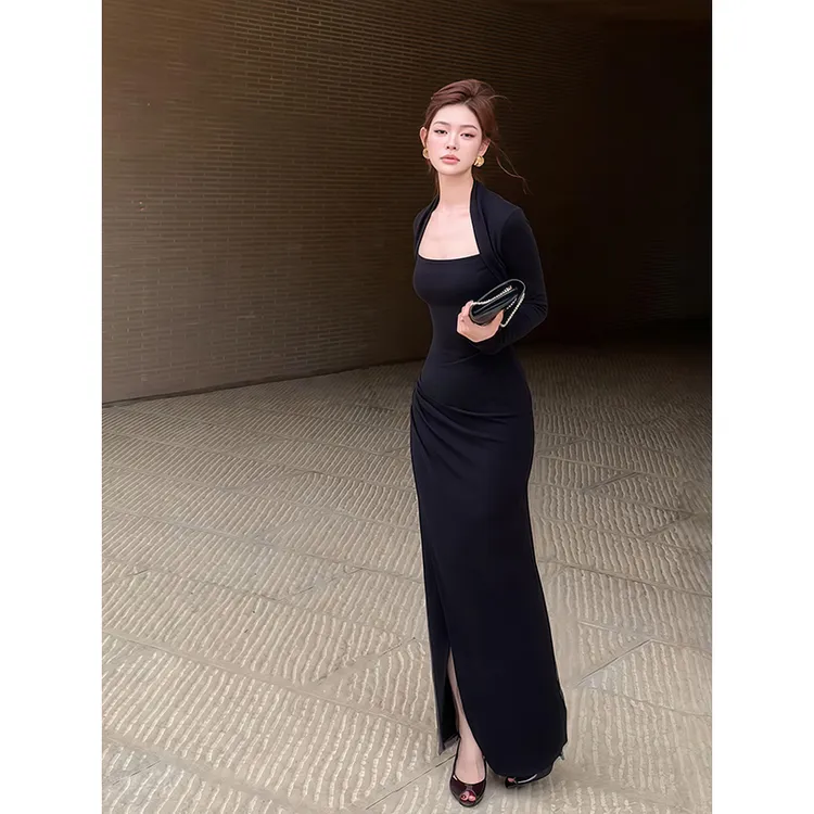 法式御姐气质复古褶皱方领连衣裙女秋季新款磨毛加厚开叉包臀长裙