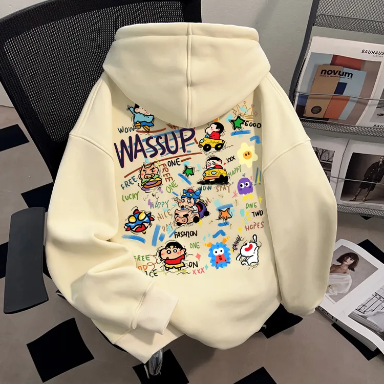 WASSUP HSUBE蜡笔小新套头连帽情侣卫衣秋冬美式重磅宽松休闲上衣