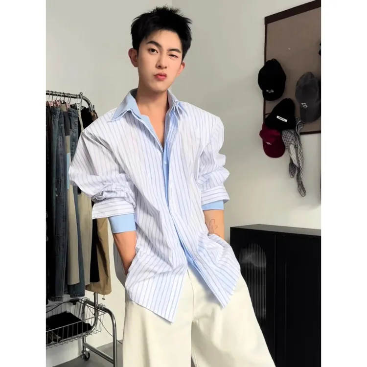 cleanfit假两件条纹衬衫男长袖秋季拼接翻领衬衣ootd穿搭休闲外套