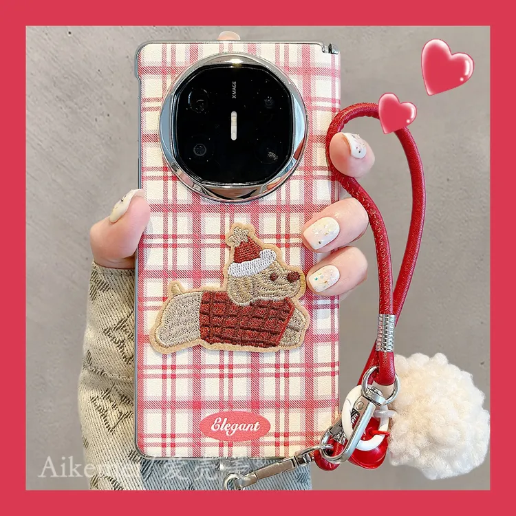 适用华为mateX6折叠屏手机壳MateX5典藏版红色皮质X3格纹刺绣小狗