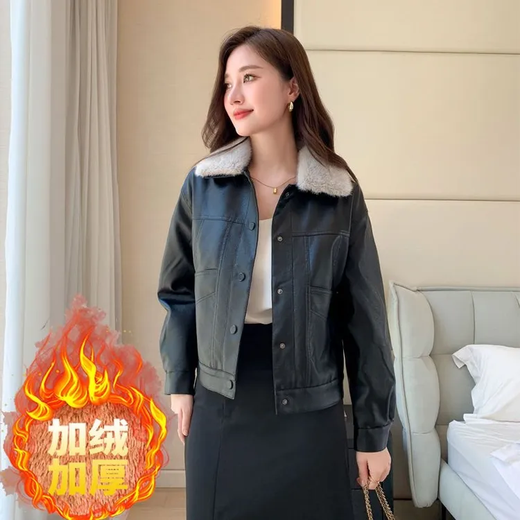 2025秋冬新款显瘦修身时尚千金百搭女装加绒外套皮衣
