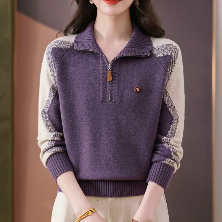 素墨秋冬女士套头加厚半高领翻领拼色宽松显瘦时尚拉链毛针织衫
