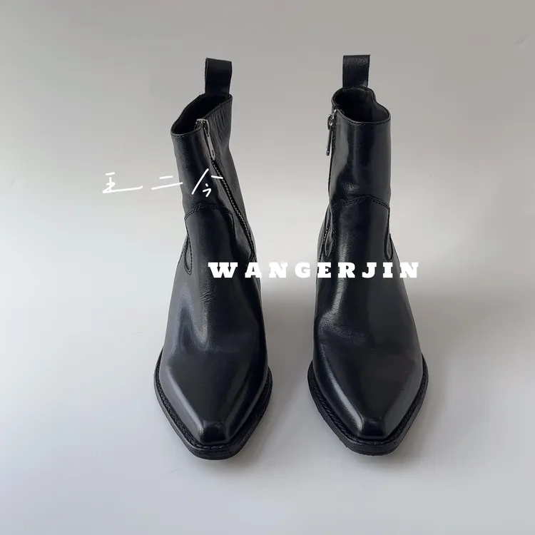 【王二今】牛皮/5CM/法式复古尖头粗跟切尔西靴气质时装瘦瘦短靴女