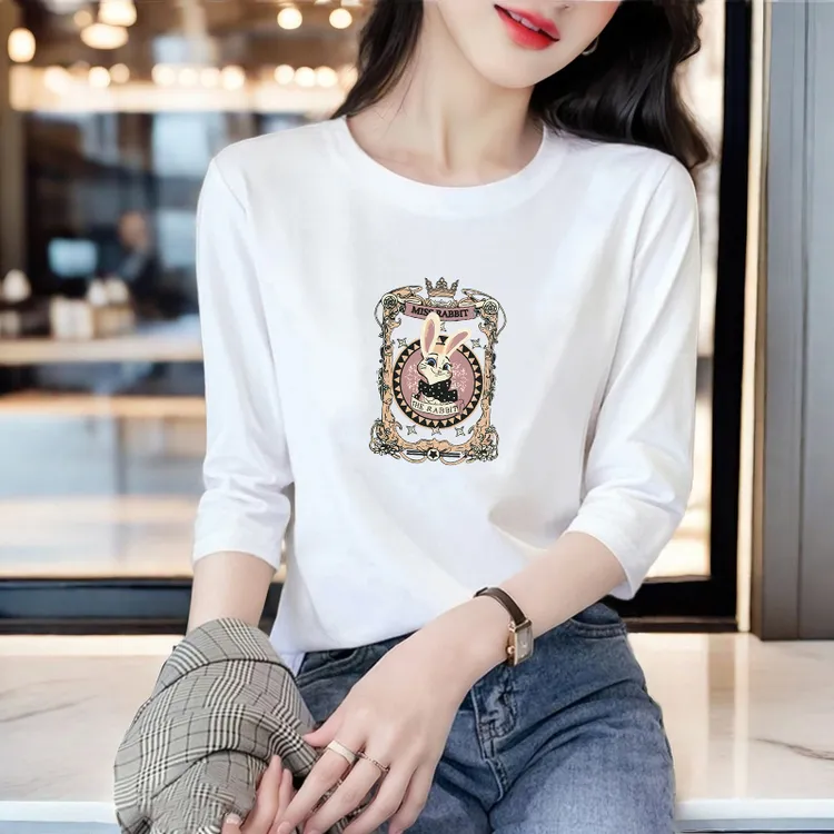 七分袖t恤女纯棉夏季简约打底衫女士白色中袖微胖T恤女款修身上衣