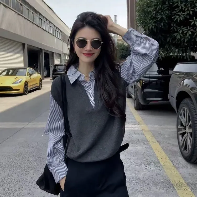 学院风卫衣拼接假两件polo领衬衫女早秋季设计感小众时尚休闲上衣