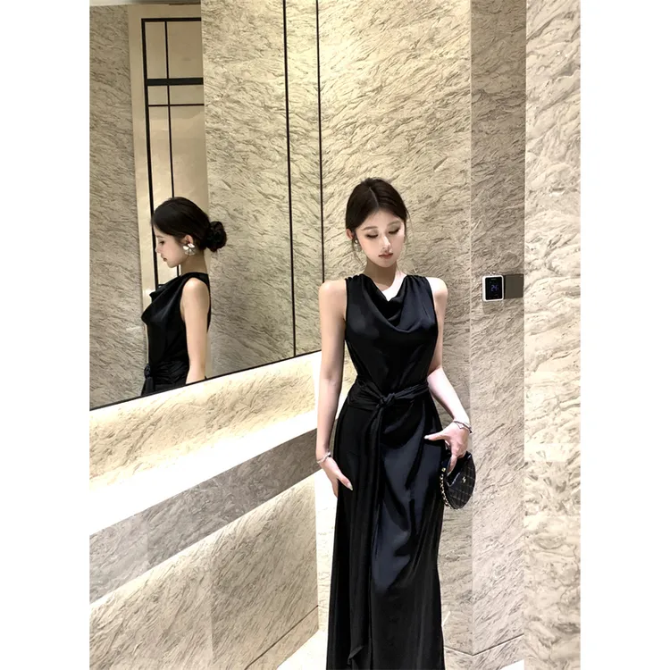 设计感荡领缎面收腰系带连衣裙女2025新款法式优雅气质显瘦长裙子
