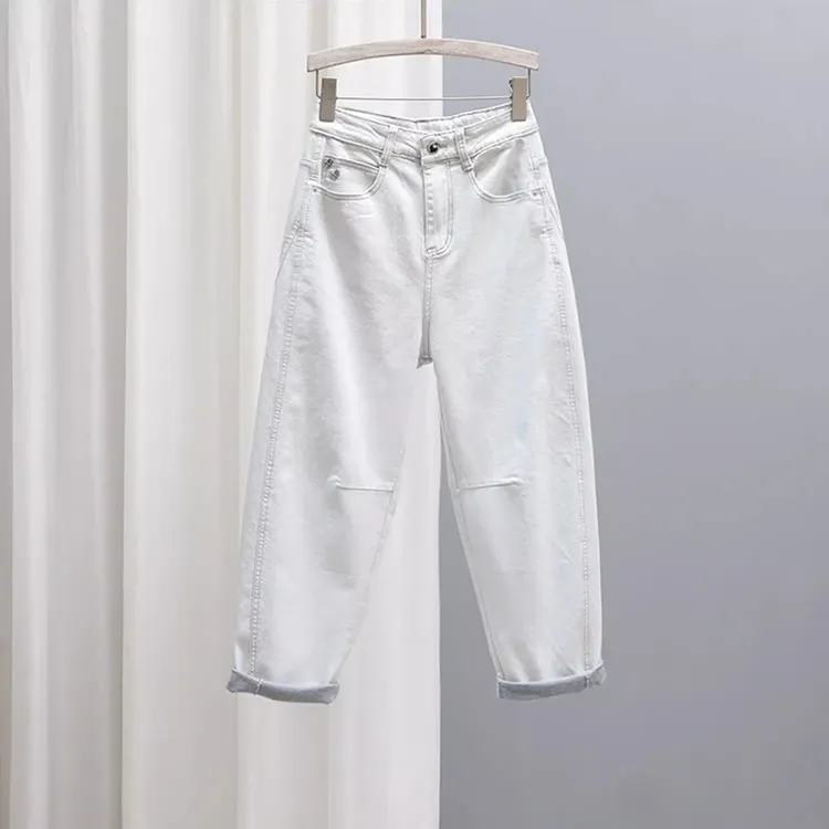 春夏季高腰米白色牛仔裤女2025新款怀旧百搭哈伦裤弹力显瘦萝卜裤