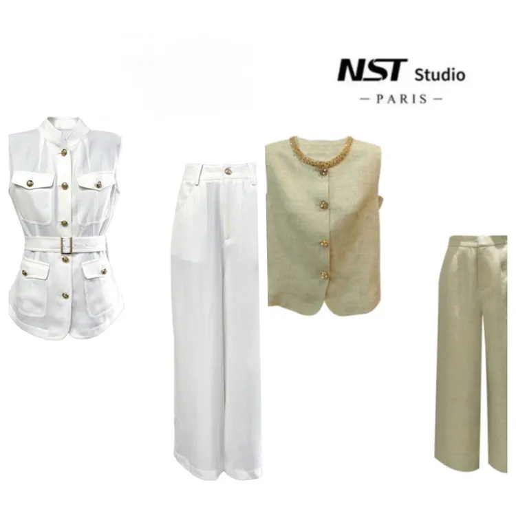 【2套】NST夏季新款亚麻轻奢时尚套装女上衣＋裤子两件套