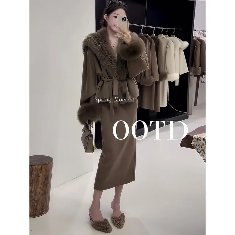 【下单发货模特原版】2025秋季新款韩系套装纯欲风毛领外套半身裙