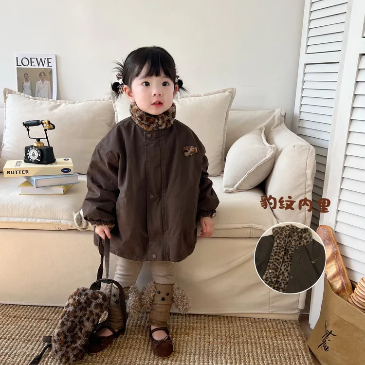 【鱼子酱0度】D25175WT豹纹毛毛两面穿外套中小童女童童装