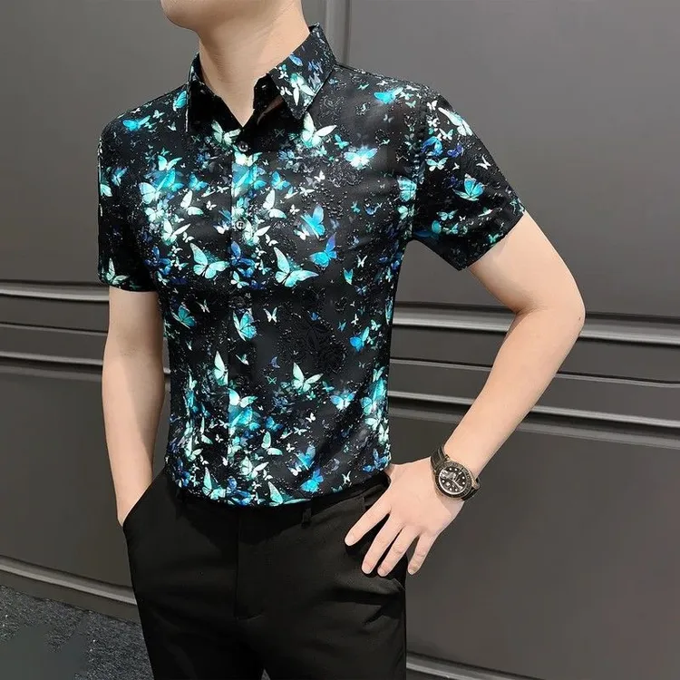 海澜之家运动蝴蝶印花衬衫短袖男款夏款薄款痞帅高级感男装时尚设