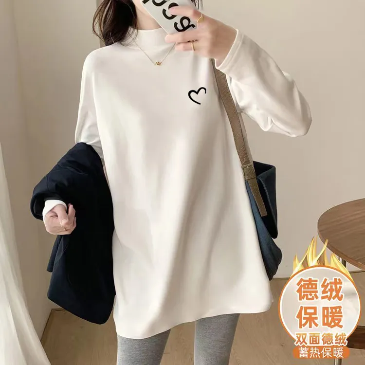 秋冬季双面半高领德绒打底衫女白色T恤绒衫宽松潮流圆领保暖长袖