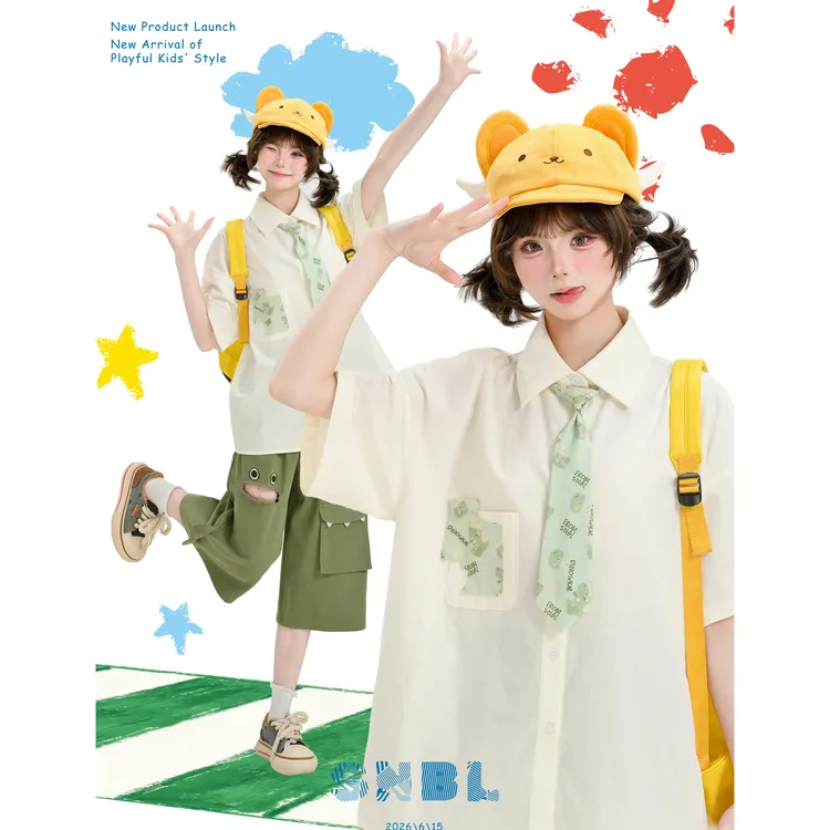 森女部落学生党百搭衬衫女2026新款恐龙印花免打领带宽松短袖上衣