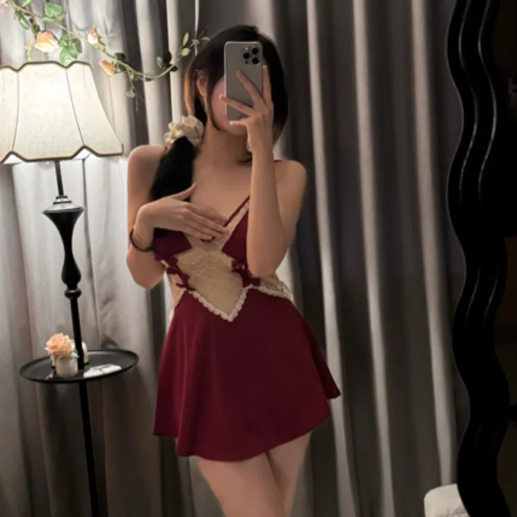 【好咸】性感露背诱惑深V舒适睡衣蝴蝶结吊带睡裙家居服套装