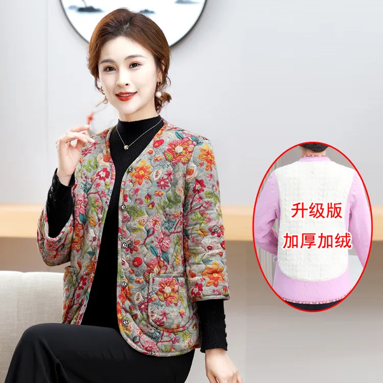 中老年人女装秋冬装加绒小棉衣妈妈薄款碎花保暖内衣短款格子外套