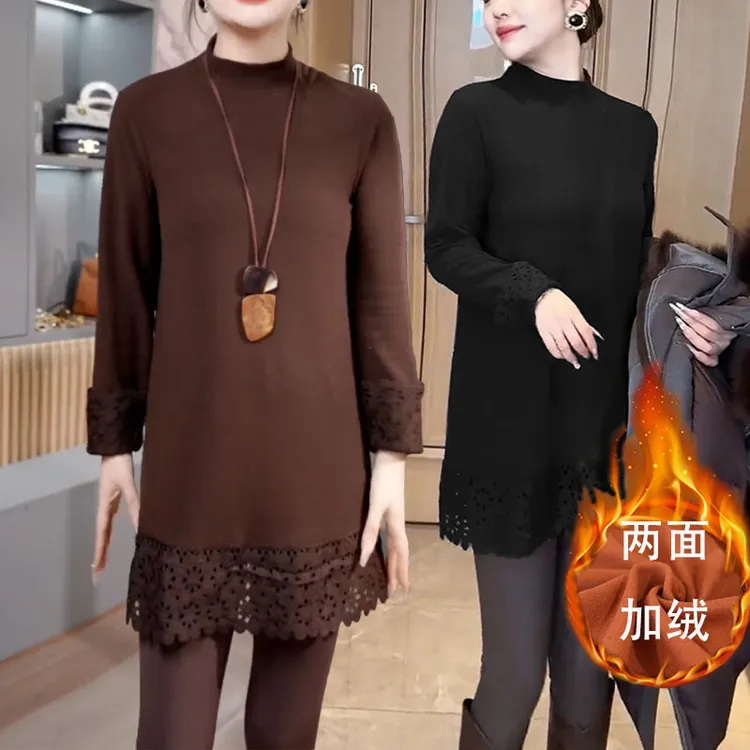 常规长袖拼接蕾丝两面加绒大码中长款秋冬显瘦上衣打底衫保暖