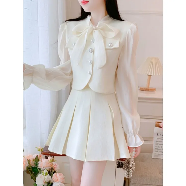 春秋季新款法式名媛高级感两件套装裙小香风蝴蝶结衬衣高腰短裙女