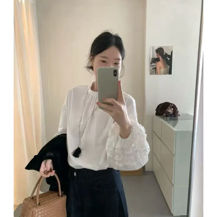 韩系立领木耳边长袖衬衫女2025秋季新款小众后排扣纯色休闲上衣