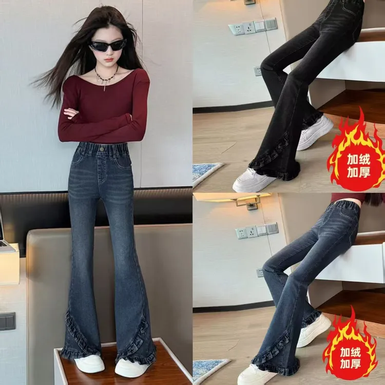 女童加绒加厚木耳边微喇牛仔裤2025新款秋冬宽松中大童韩版喇叭裤