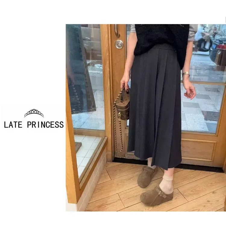 LATE PRINCESS【沫里】2025秋季新款深灰色显瘦百褶裙半身裙