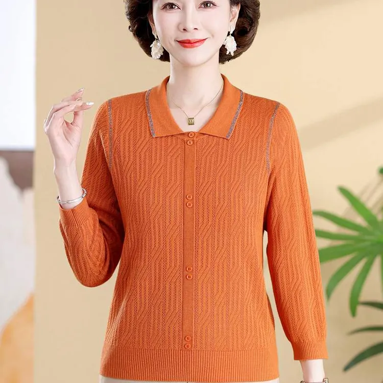 洋气妈妈2025年春装新款上衣百搭翻领薄毛衣中老年女针织打底衫