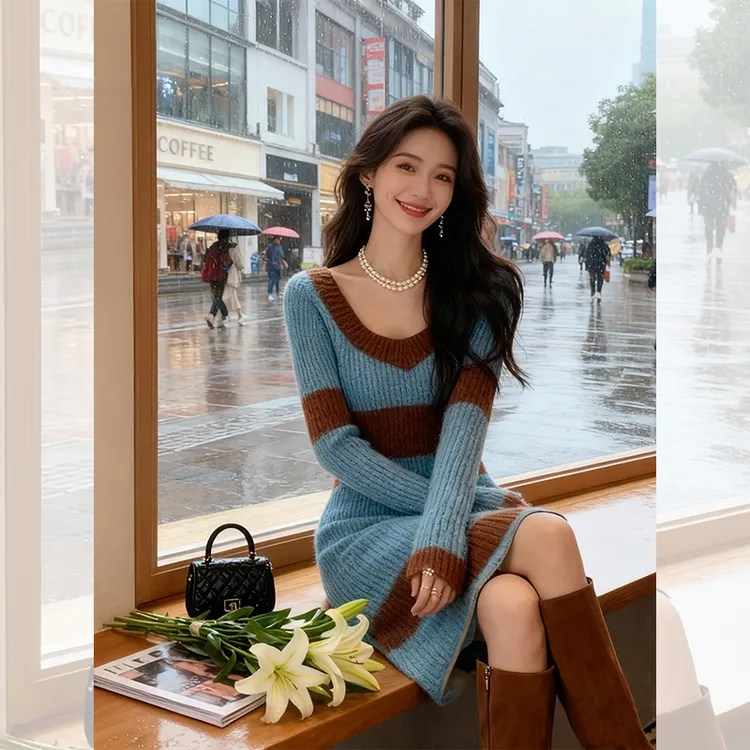 漂亮出片衣服内搭蓝色条纹包臀短裙女装秋冬季高贵气质针织连衣裙