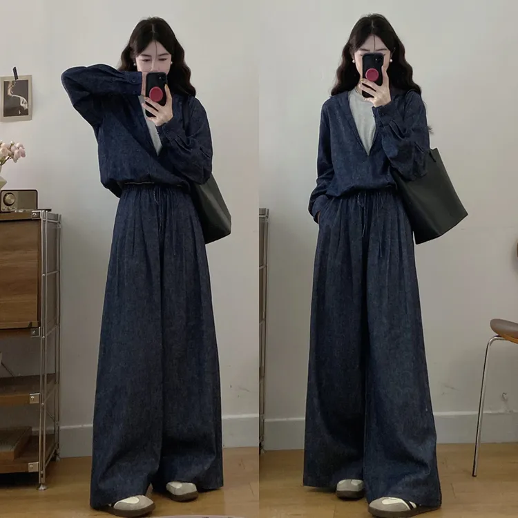 大码胖mm老钱风简约休闲撞色拼接假两件上衣+阔腿裤两件套装女