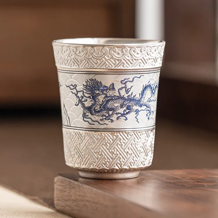 999鎏银轻奢茶具陶瓷茶杯主人杯飞龙乘云钟式杯喝茶专用品茗杯
